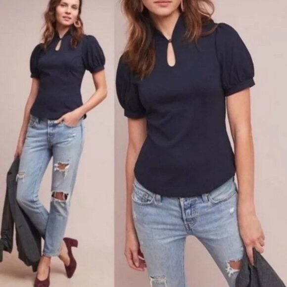 Ett Twa by Anthropologie Classic Navy Blue Keyhole Mock Neck Shortsleeve Size S - Picture 3 of 7